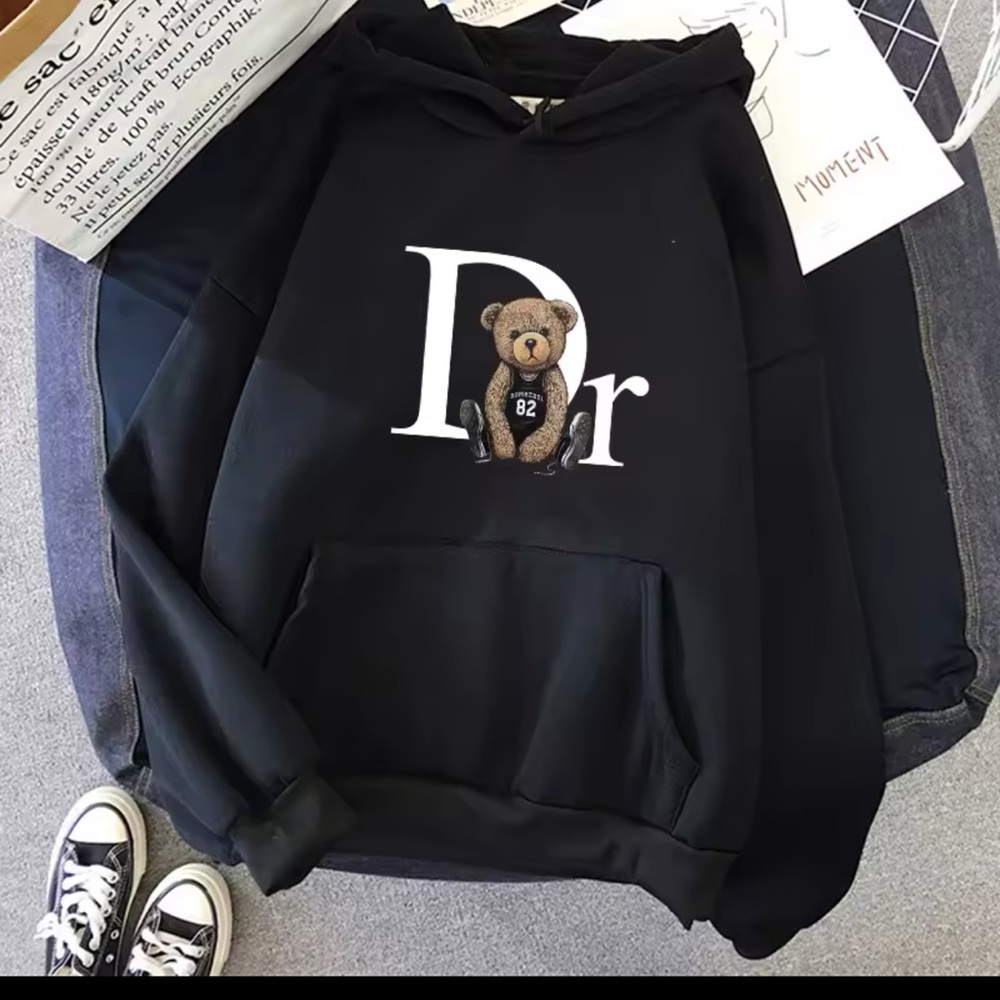 Black Hoodie with Bear Graphic